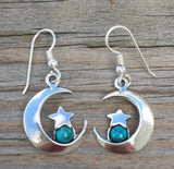 Moon and Star solid .925 Sterling Silver dangle Earrings set with genuine 5 mm Chrysocolla gemstones.