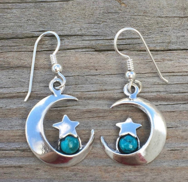 Moon and Star solid .925 Sterling Silver dangle Earrings set with genuine 5 mm Chrysocolla gemstones.