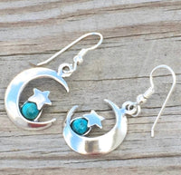 Moon and Star solid .925 Sterling Silver dangle Earrings 
