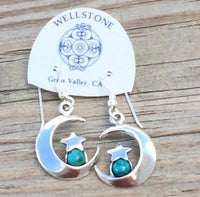 Moon and Star solid .925 Sterling Silver dangle Earrings set with genuine 5 mm Chrysocolla gemstones.