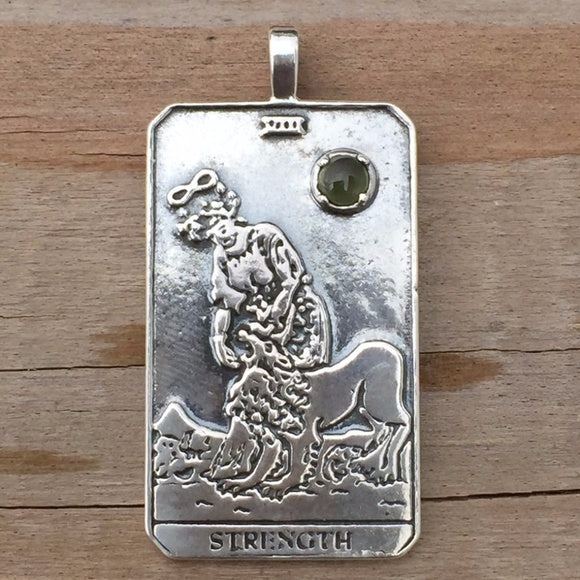 Strength Tarot Card Pendant. Solid Sterling Silver Pendant with genuine Peridot gemstone.