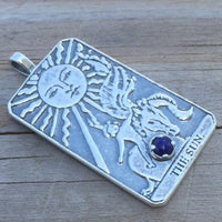 Sun Tarot Card Pendant Sterling Silver w/ Genuine Lapis Lazuli Prosperity Success USA