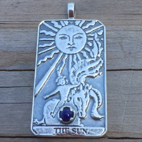 Sun Tarot Card Pendant Sterling Silver w/ Genuine Lapis Lazuli Prosperity Success
